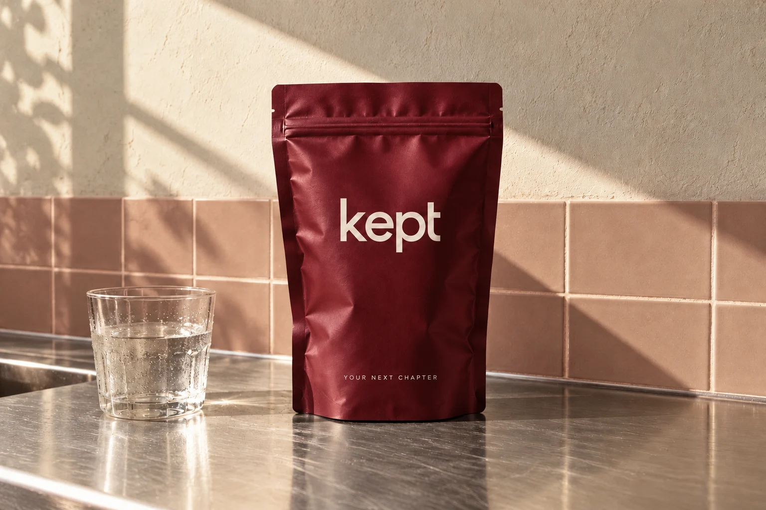 Kept burgundy pouch concept on a sunlit kitchen counter
