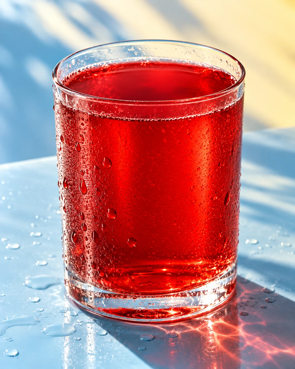 Concept image of a chilled red drink with condensation and no ice